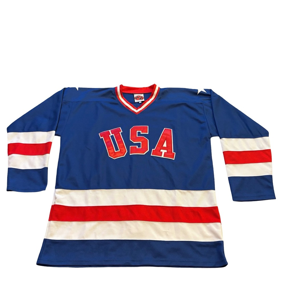 K1 Sportswear USA Hockey Jersey Mens 52 Blue Red White‎ Fight Strap Tackle Twill
